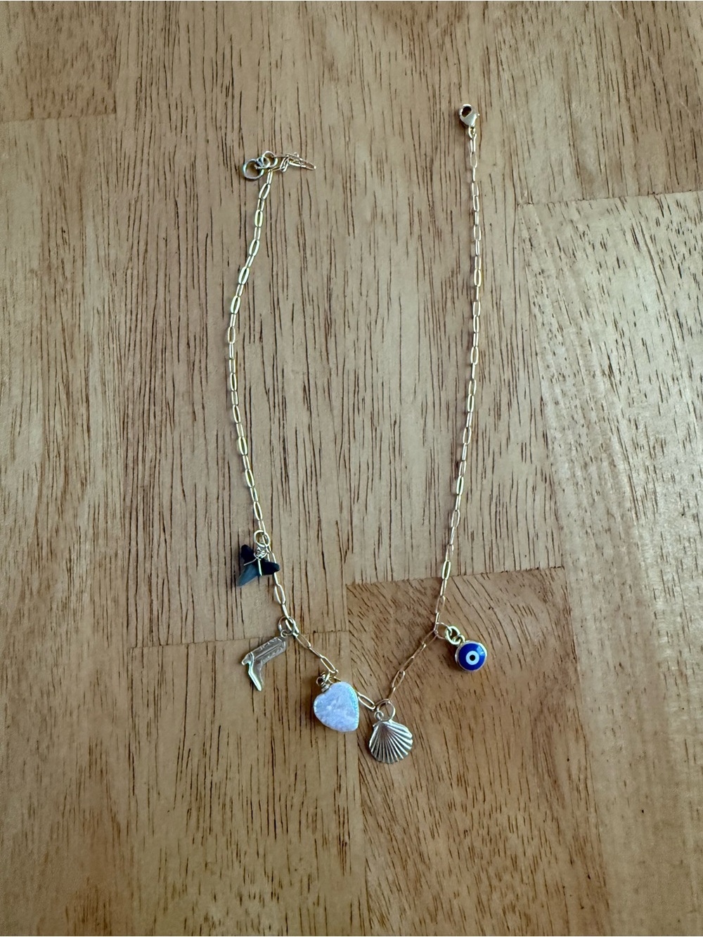 Gold Charm Necklace with Heart, Shell & Evil Eye